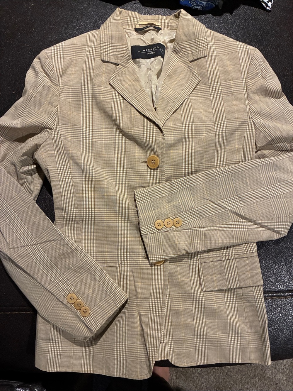 Retro Weekend Max Mara Beige Plaid Single-Button Blazer lightweight